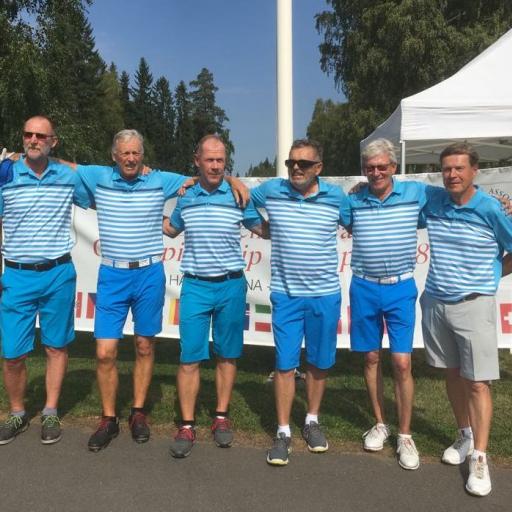 Euroopan mestaruuden Hämeenlinnassa valloittanut Suomen Cup-joukkue vasemmalta Seppo Pakola, Jouko Latvakangas, Jukka Stenberg, Kari Huttunen, Kari Nyman, Risto Hotti.